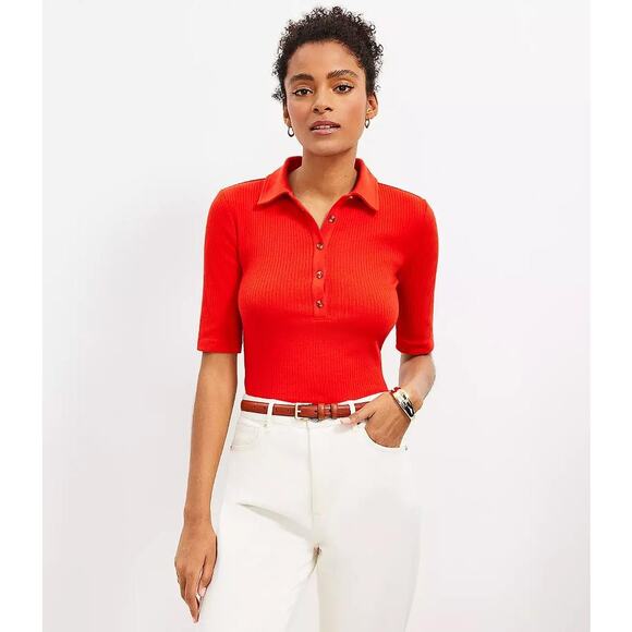 LOFT Women's Ribbed Polo Shirt Petite Size SP In Red - Picture 3 of 10